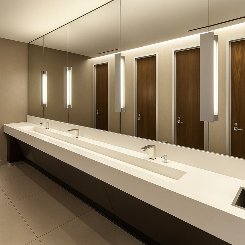 Touchless faucets and soap dispensers on a clean basin