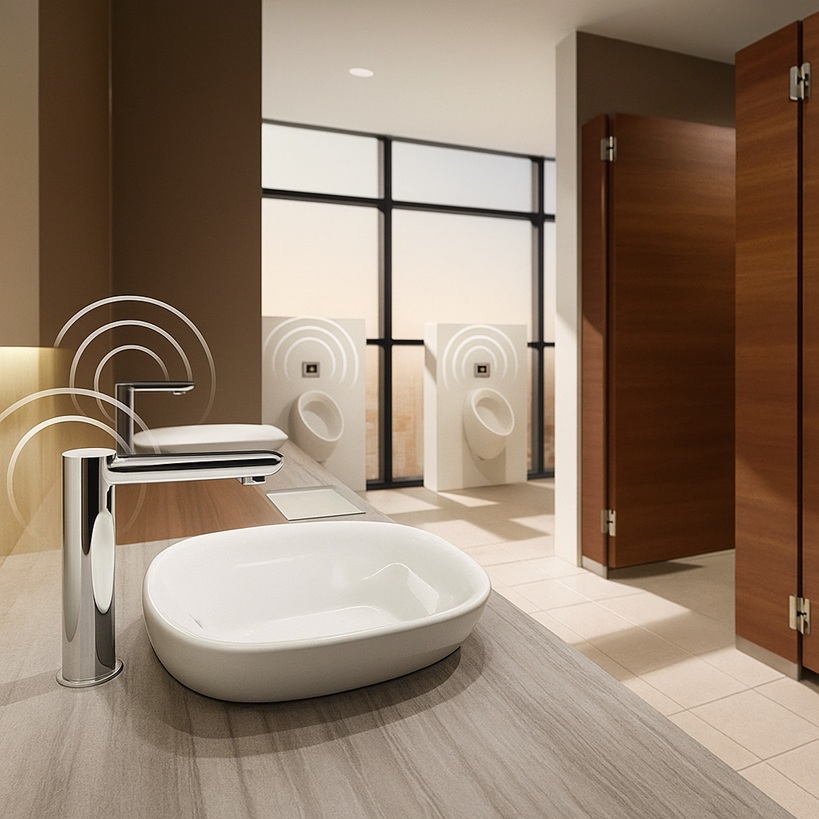 Modern commercial restroom with solid-surface counters and integrated accessories