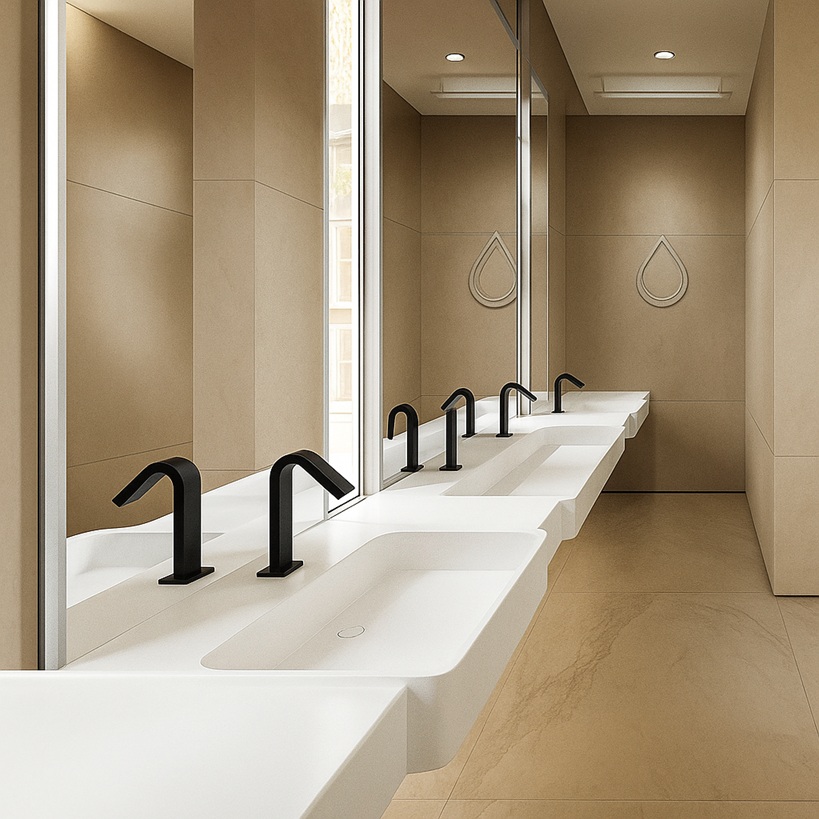 Bright durable commercial restroom with solid-surface counters and integrated accessories