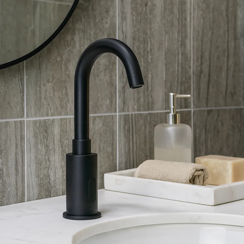 Hospital public restroom with hygienic touchless faucet fixtures