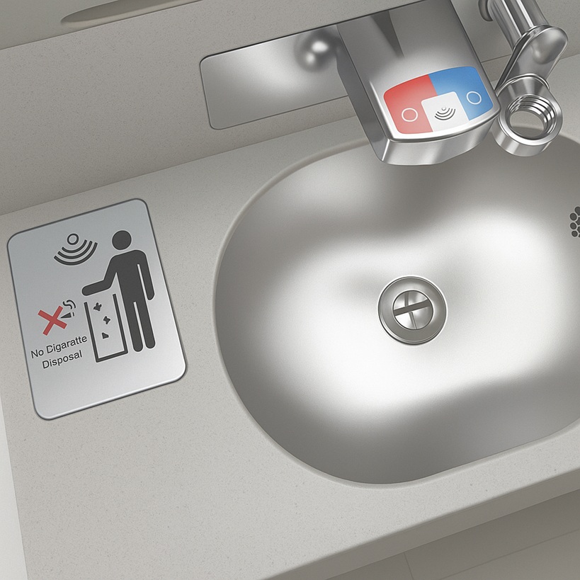 Touchless faucet in a compact commercial lavatory environment