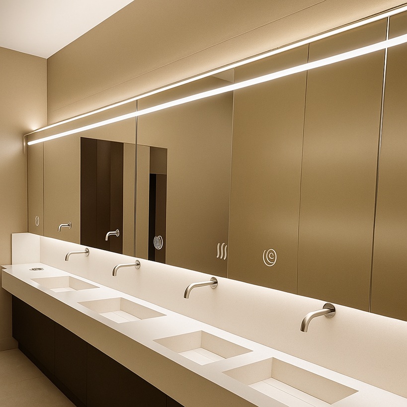 Accessible restroom stall with grab bars and contrasting finishes