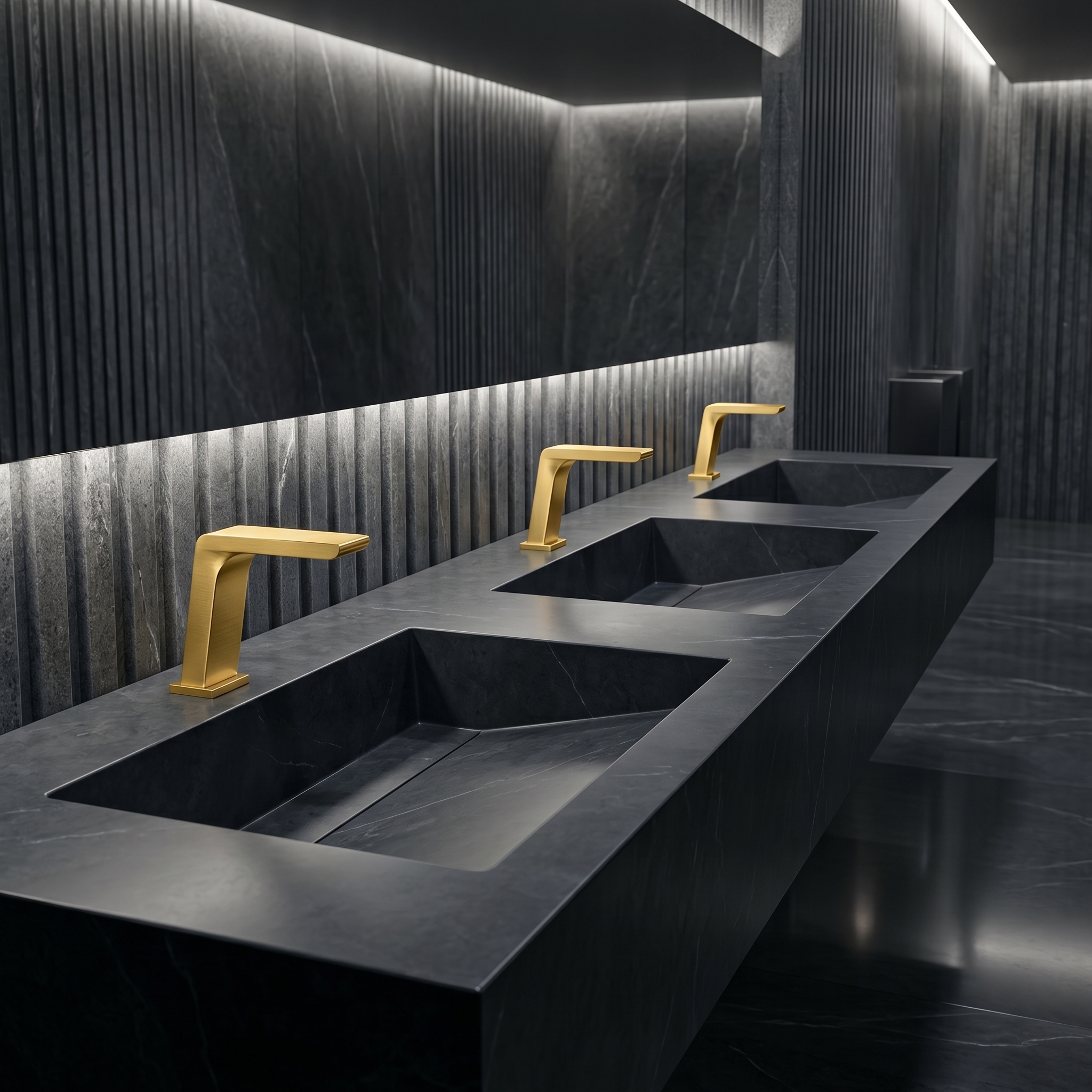 Calm high-capacity stadium restroom interior designed to support privacy dignity and psychological comfort