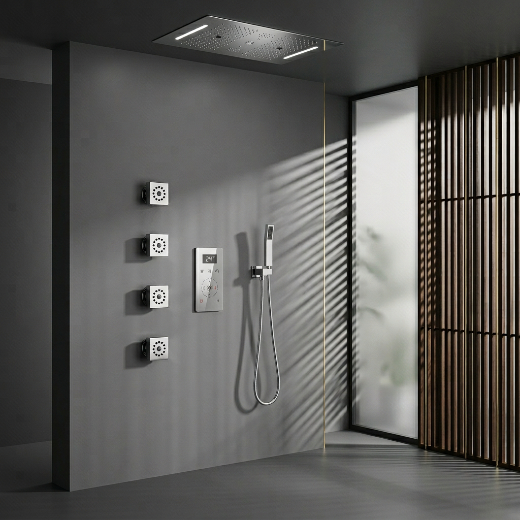 Water-efficient faucet installation in a clean commercial restroom