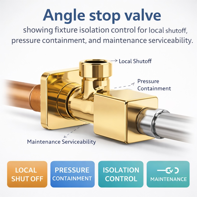 Angle stop valve showing fixture isolation control for local shutoff, pressure containment, and maintenance serviceability.