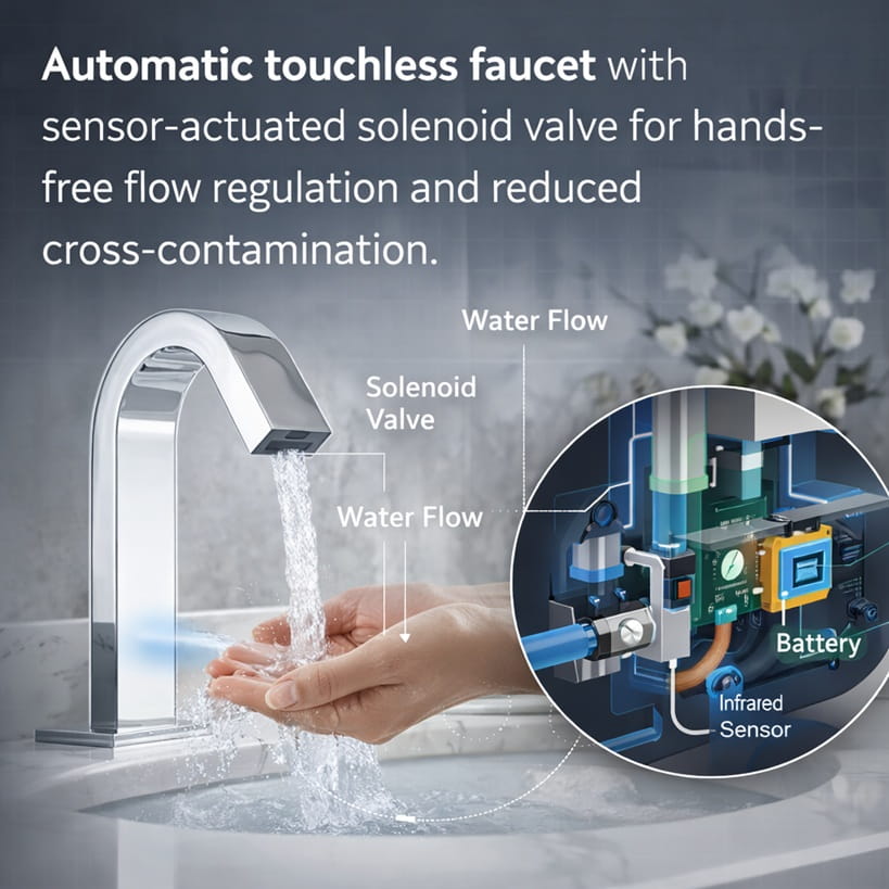 Automatic touchless faucet with sensor-actuated solenoid valve for hands-free flow regulation and reduced cross-contamination.