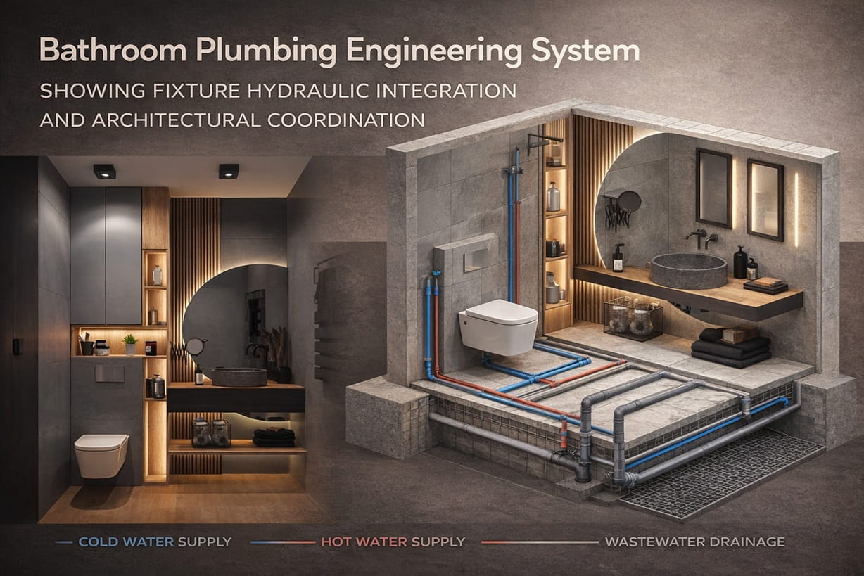 Bathroom plumbing engineering system showing fixture hydraulic integration and architectural coordination