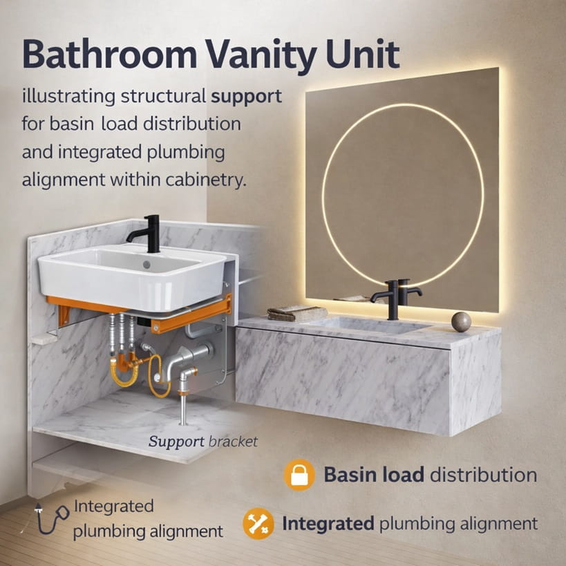 Bathroom vanity unit illustrating structural support for basin load distribution and integrated plumbing alignment within cabinetry.