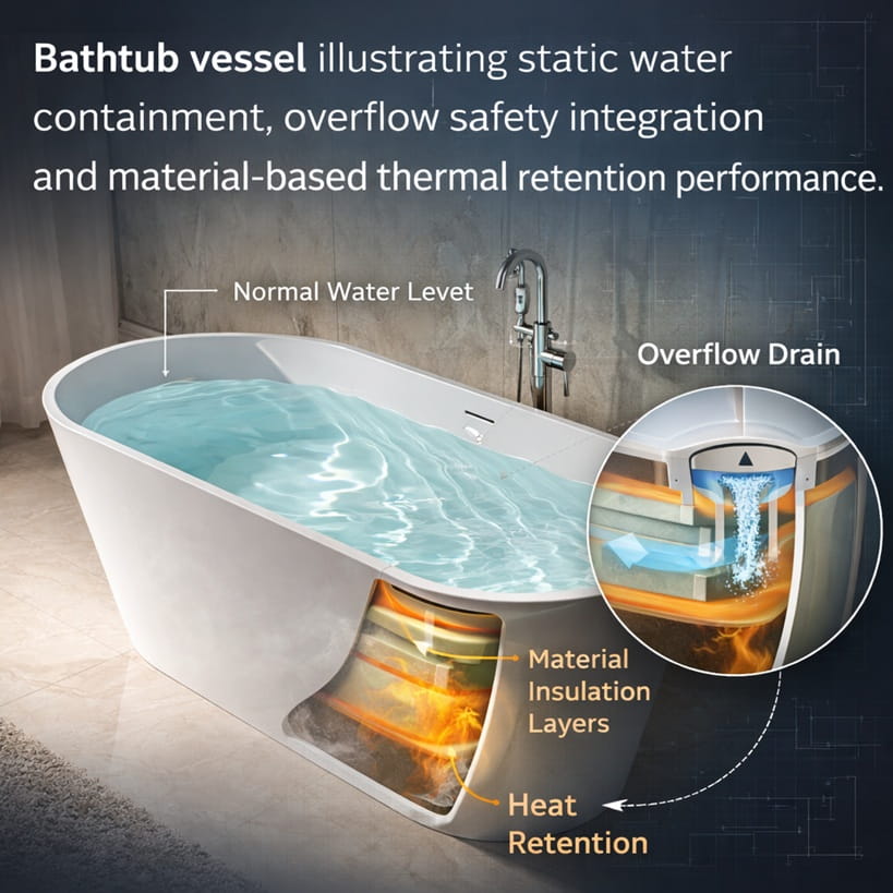 Bathtub vessel illustrating static water containment, overflow safety integration, and material-based thermal retention performance.