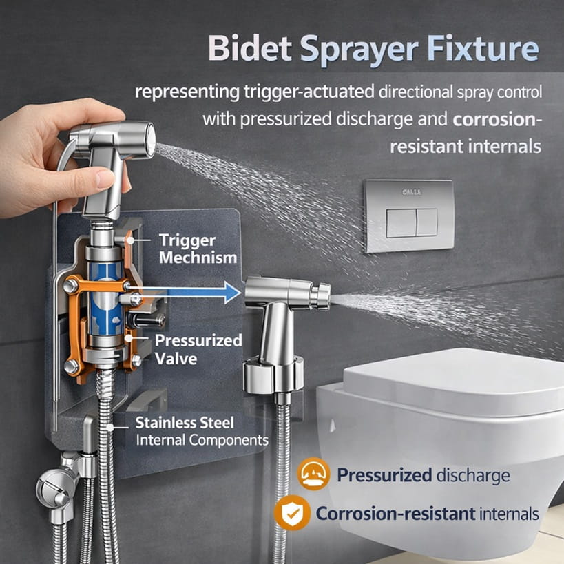 Bidet sprayer fixture representing trigger-actuated directional spray control with pressurized discharge and corrosion-resistant internals.
