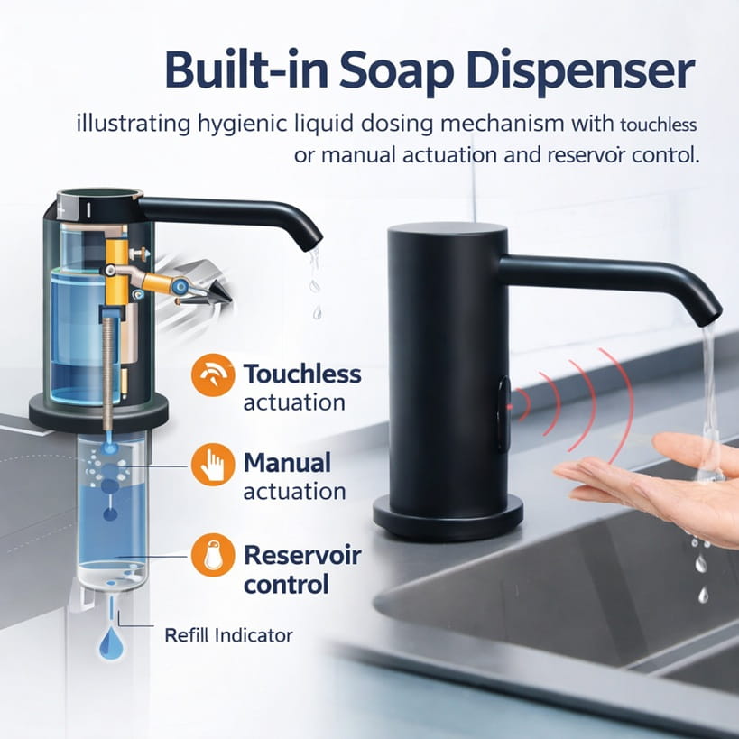 Built-in soap dispenser illustrating hygienic liquid dosing mechanism with touchless or manual actuation and reservoir control.