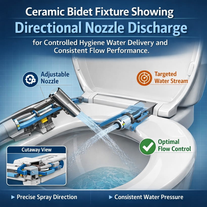 Ceramic bidet fixture showing directional nozzle discharge for controlled hygiene water delivery and consistent flow performance.