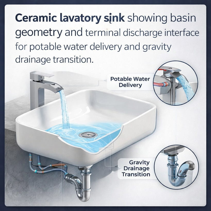 Ceramic lavatory sink showing basin geometry and terminal discharge interface for potable water delivery and gravity drainage transition.