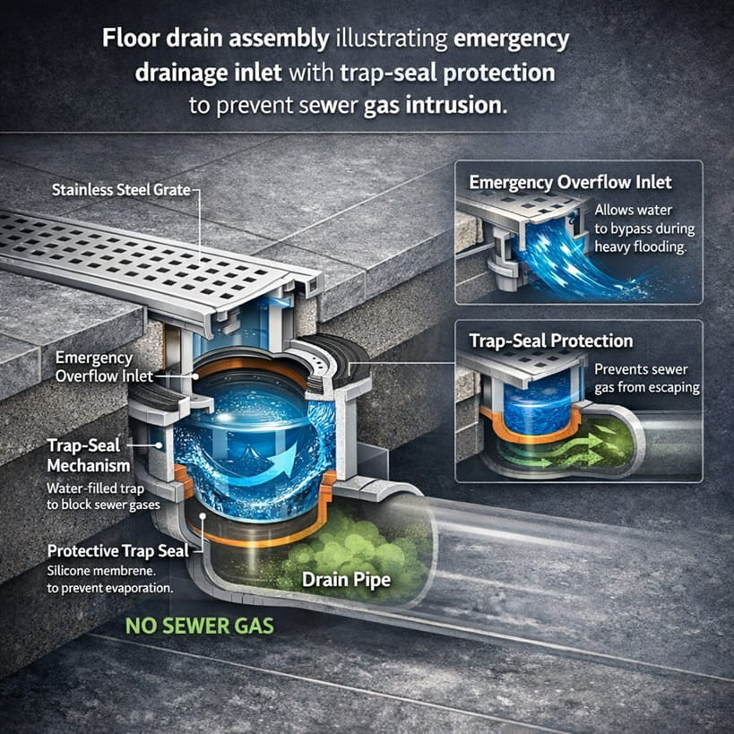 Floor drain assembly illustrating emergency drainage inlet with trap-seal protection to prevent sewer gas intrusion.