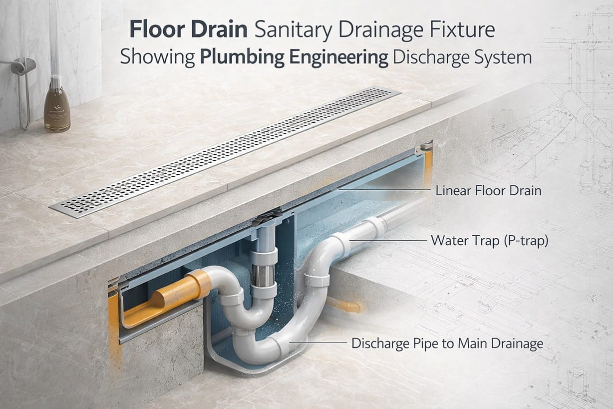 Floor drain sanitary drainage fixture showing plumbing engineering discharge system