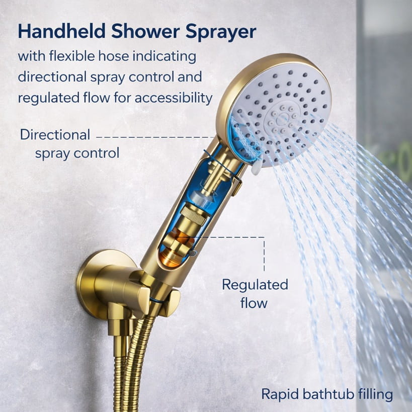 Handheld shower sprayer with flexible hose indicating directional spray control and regulated flow for accessibility use.