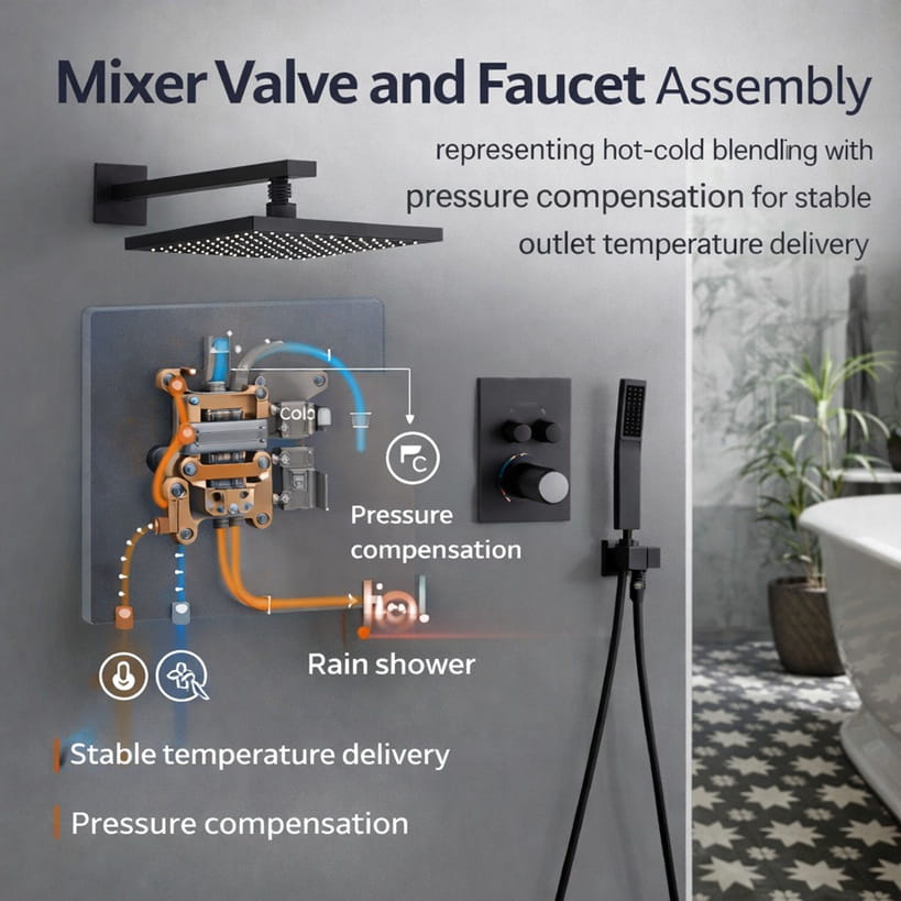 Mixer valve and faucet assembly representing hot-cold blending with pressure compensation for stable outlet temperature delivery.