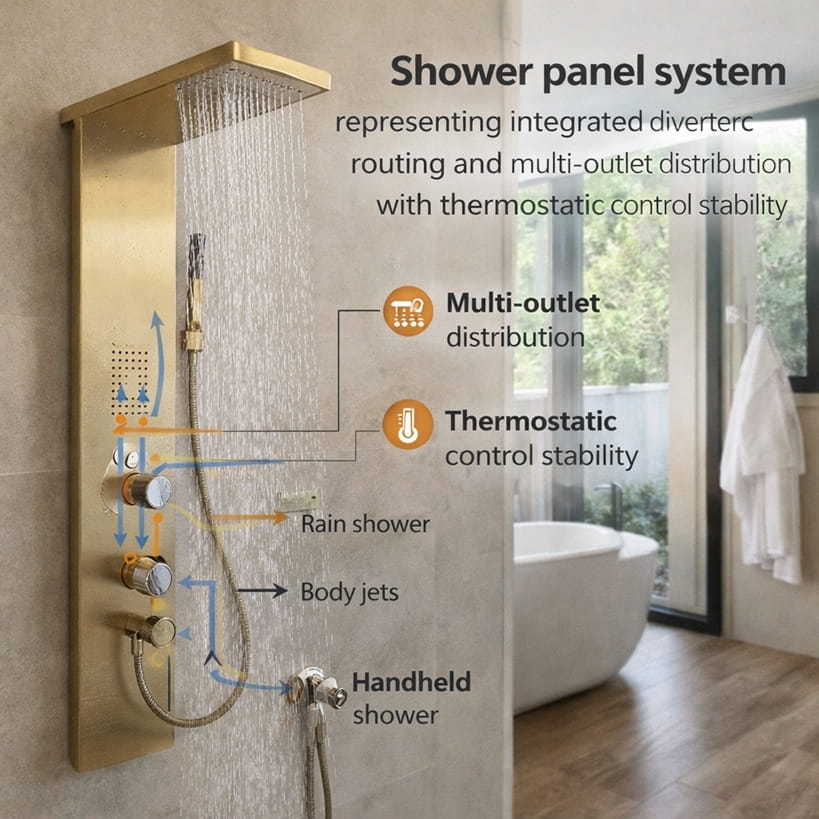 Shower panel system representing integrated diverter routing and multi-outlet distribution with thermostatic control stability.