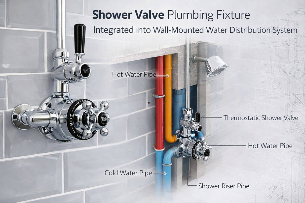 Shower valve plumbing fixture integrated into wall-mounted water distribution system