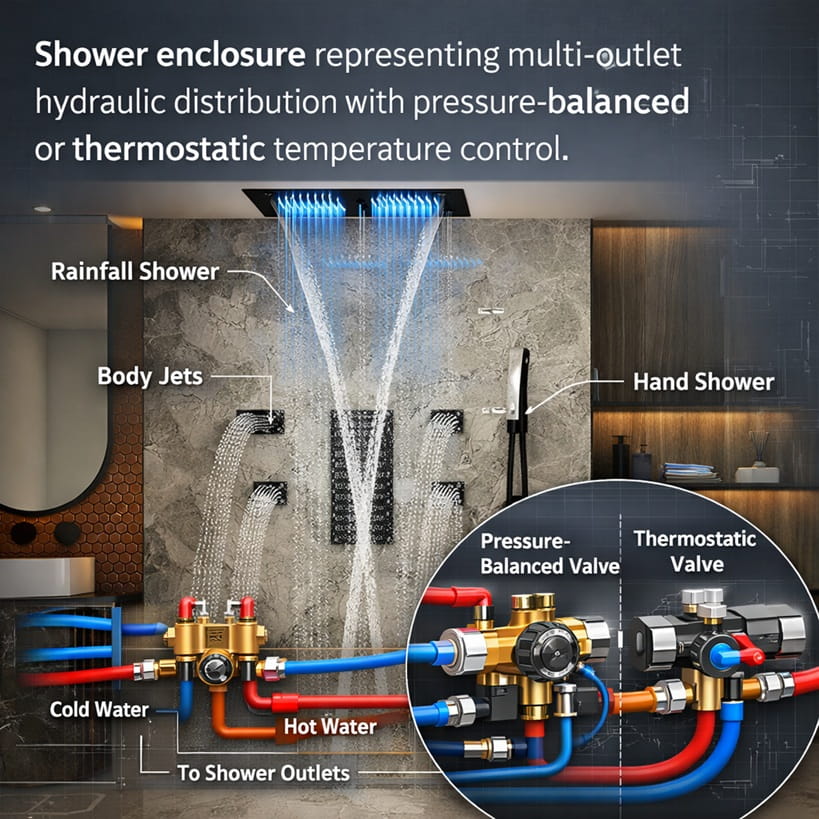 Shower enclosure representing multi-outlet hydraulic distribution with pressure-balanced or thermostatic temperature control.