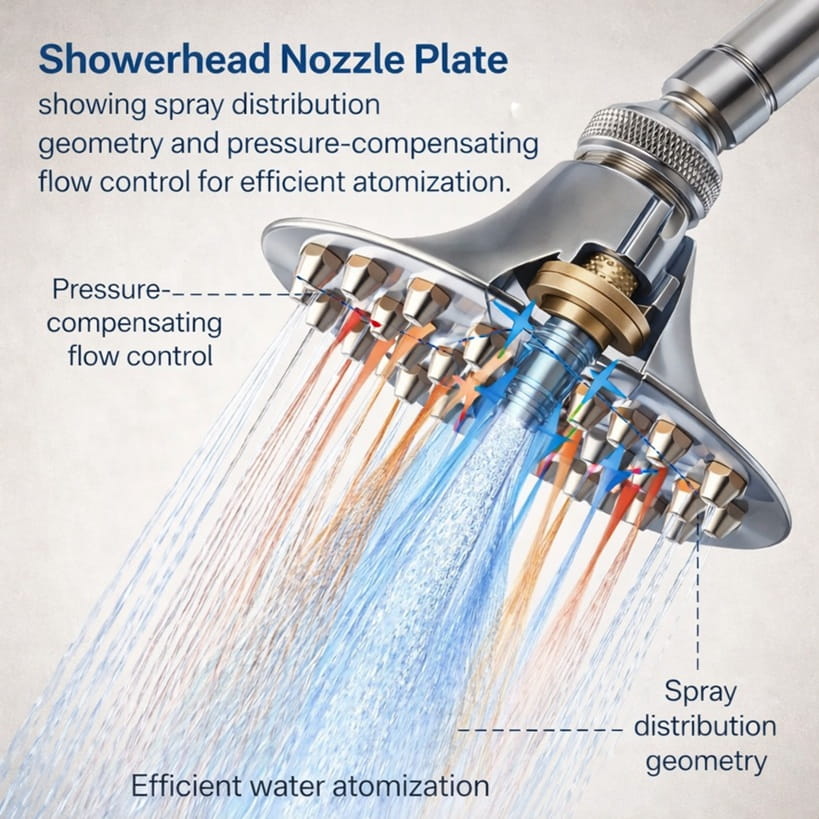 Showerhead nozzle plate showing spray distribution geometry and pressure-compensating flow control for efficient atomization.