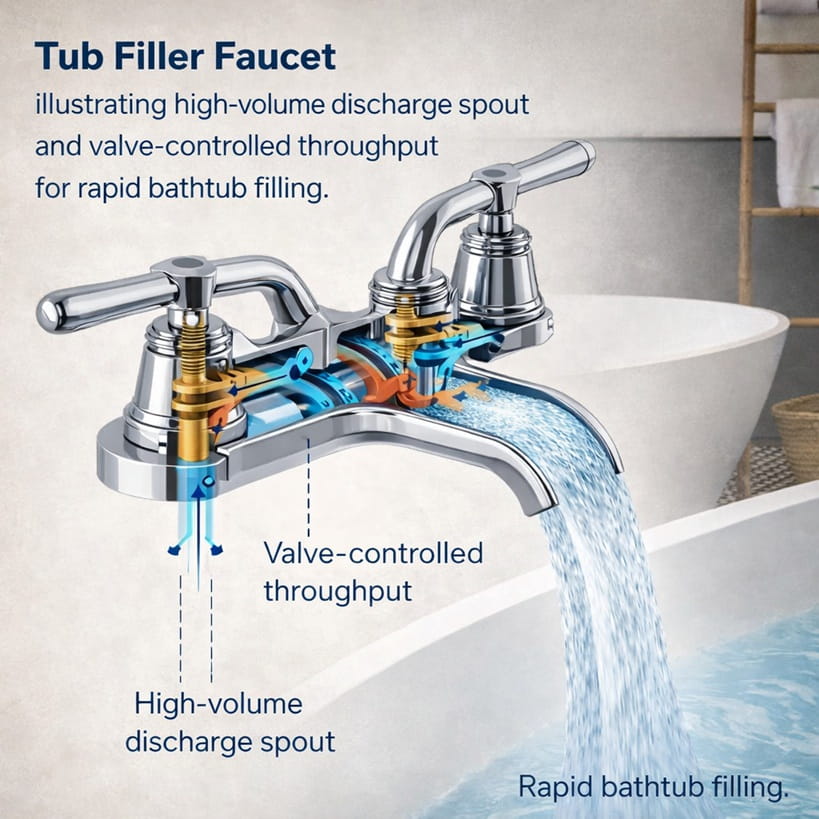 Tub filler faucet illustrating high-volume discharge spout and valve-controlled throughput for rapid bathtub filling.