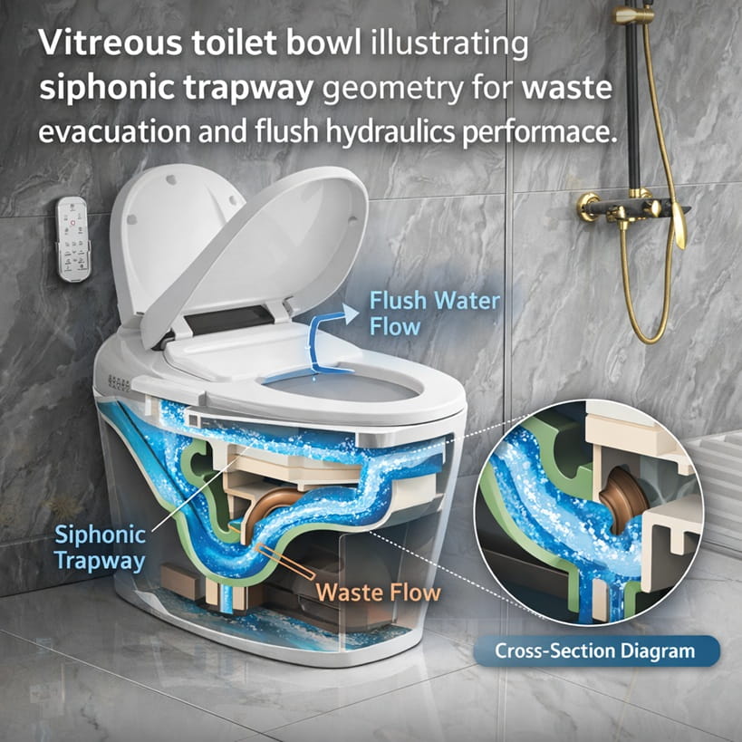 Vitreous china toilet bowl illustrating siphonic trapway geometry for waste evacuation and flush hydraulics performance.