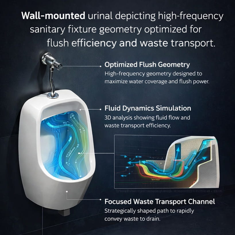 Wall-mounted urinal depicting high-frequency sanitary fixture geometry optimized for flush efficiency and waste transport.