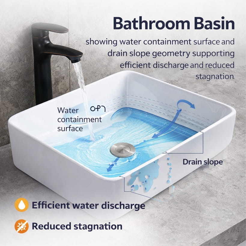 Bathroom basin showing water containment surface and drain slope geometry supporting efficient discharge and reduced stagnation.