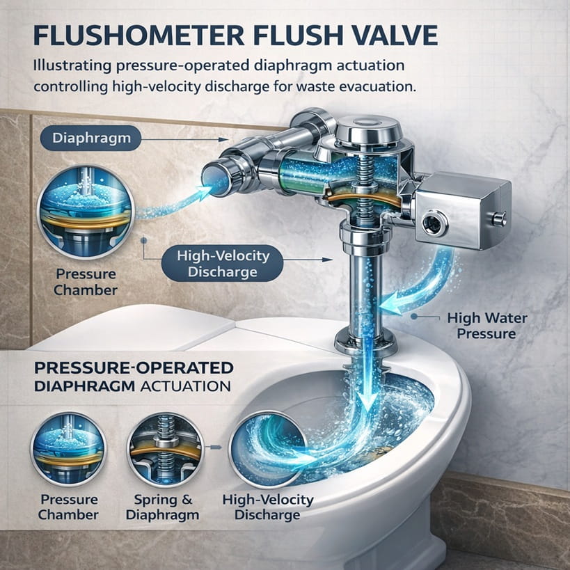 Flushometer flush valve illustrating pressure-operated diaphragm actuation controlling high-velocity discharge for waste evacuation.