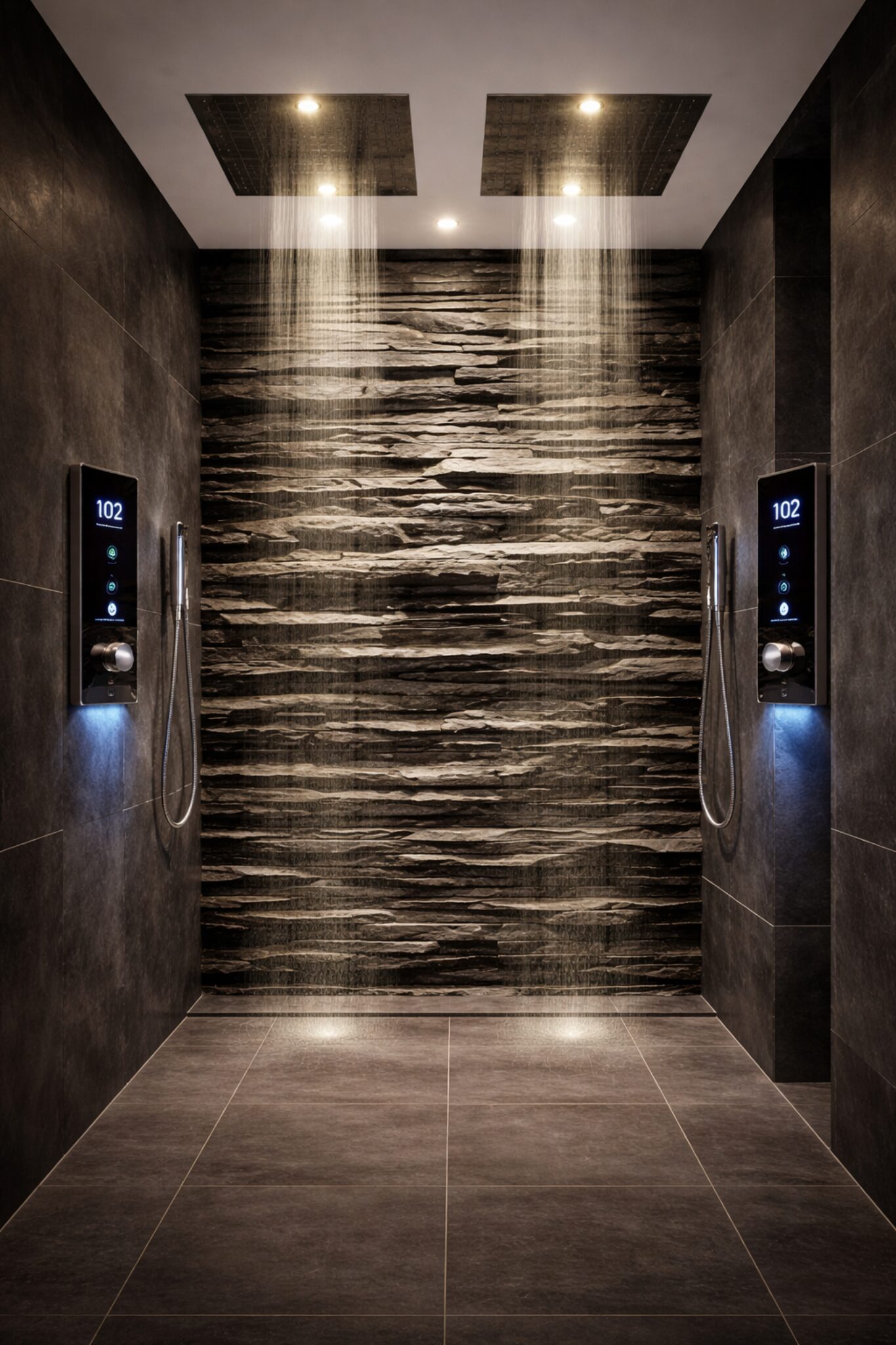 High-end shower panel with rainfall head and handheld spray in a bright modern bathroom