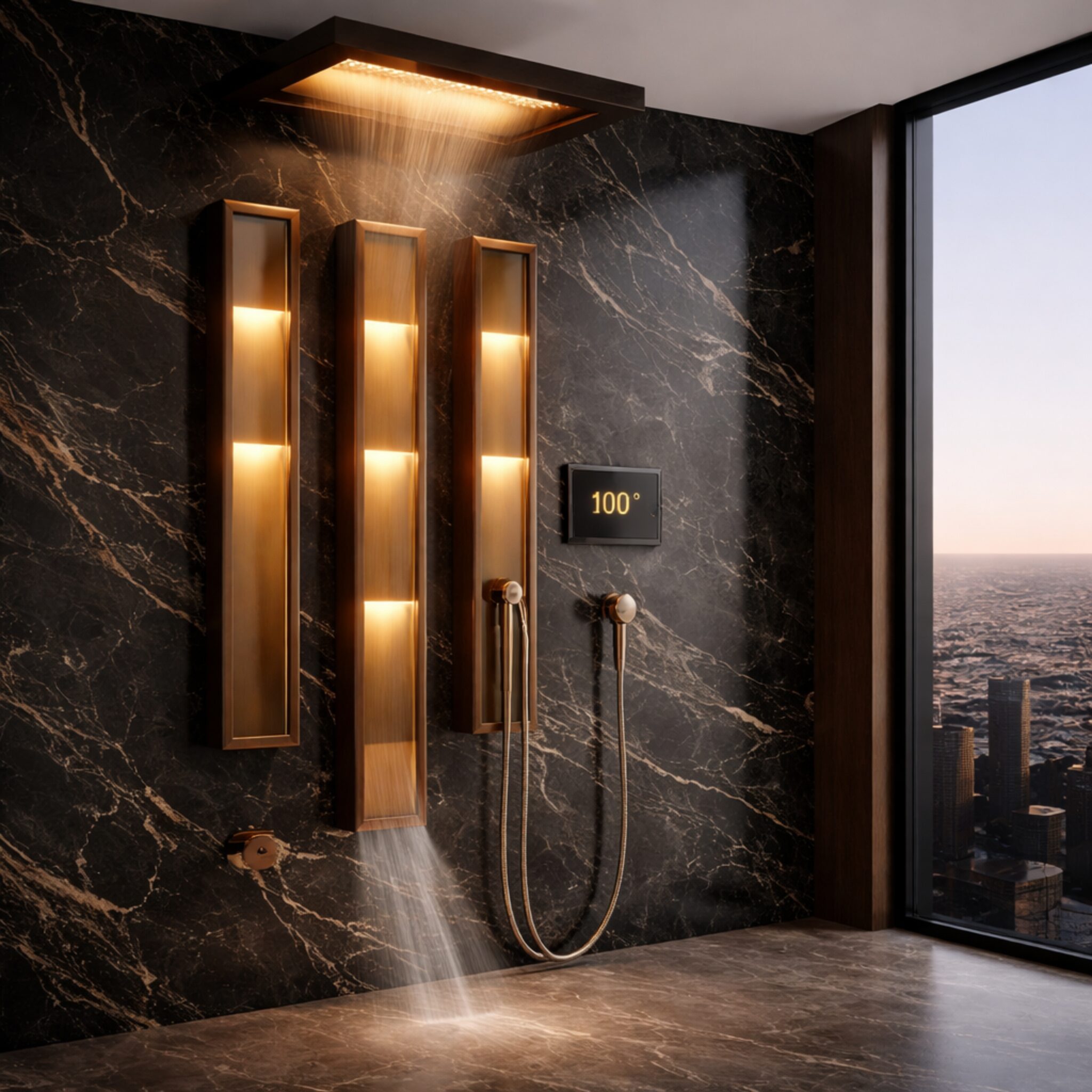Contemporary luxury bathroom interior with matte black shower fixtures and refined minimalist styling