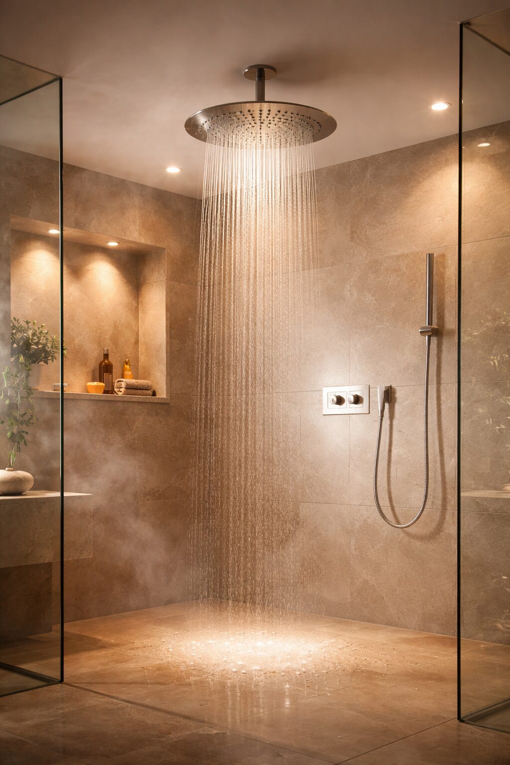Handheld and rainfall shower head options for modern bathroom planning