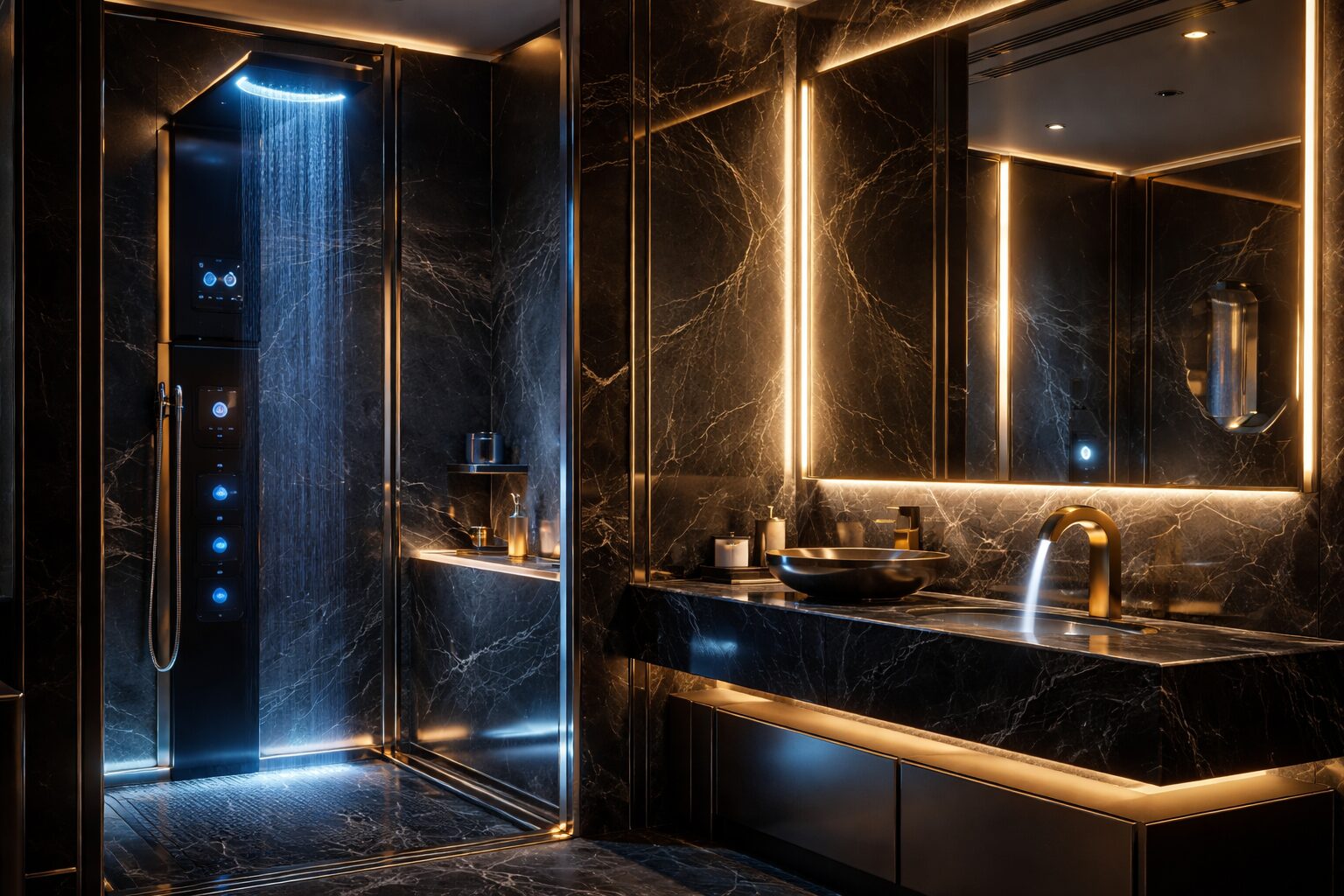 Close-up of gold bathroom faucet installed on a natural stone countertop