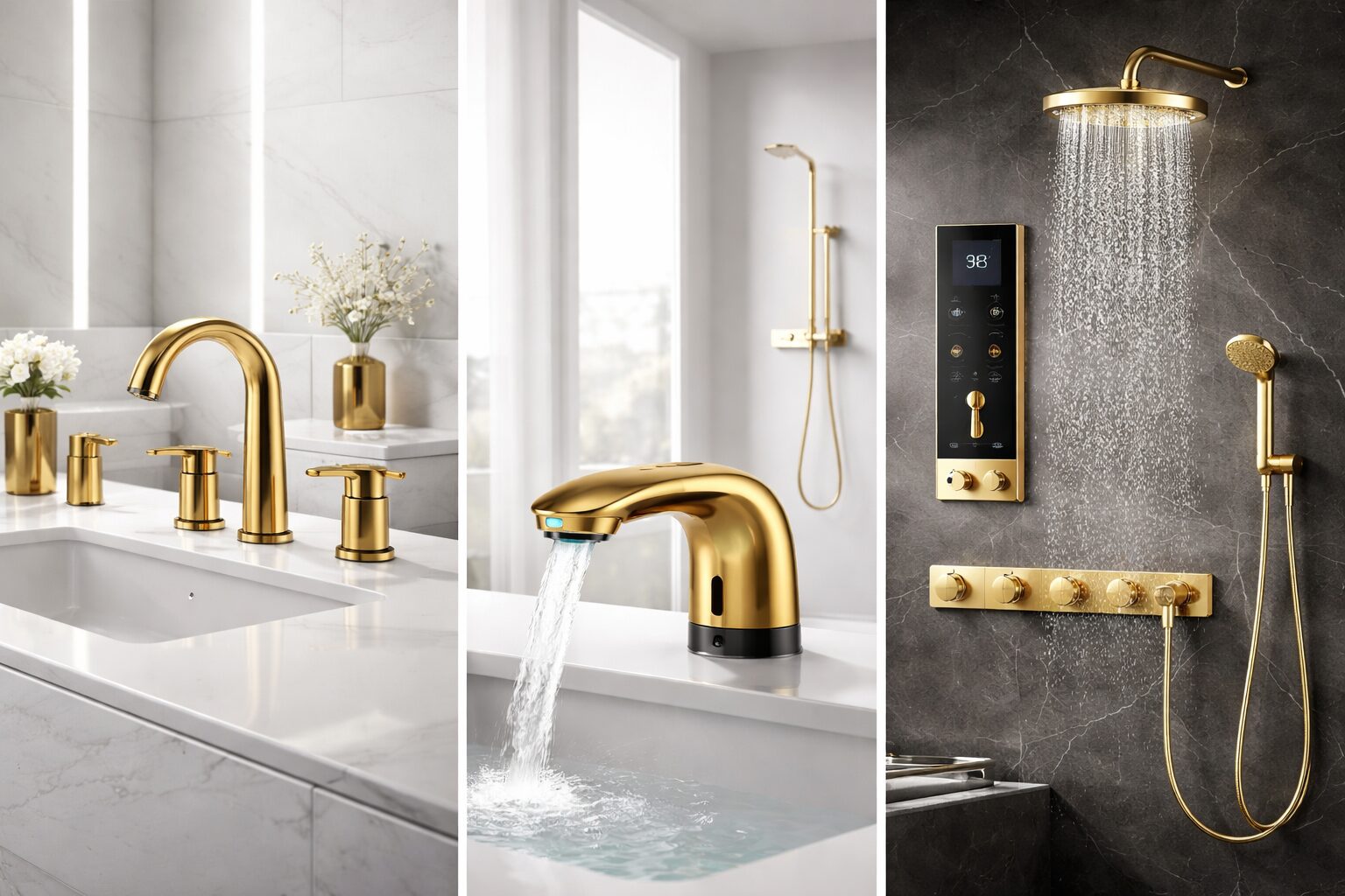 Modern luxury bathroom vanity with gold faucet and soft neutral finishes