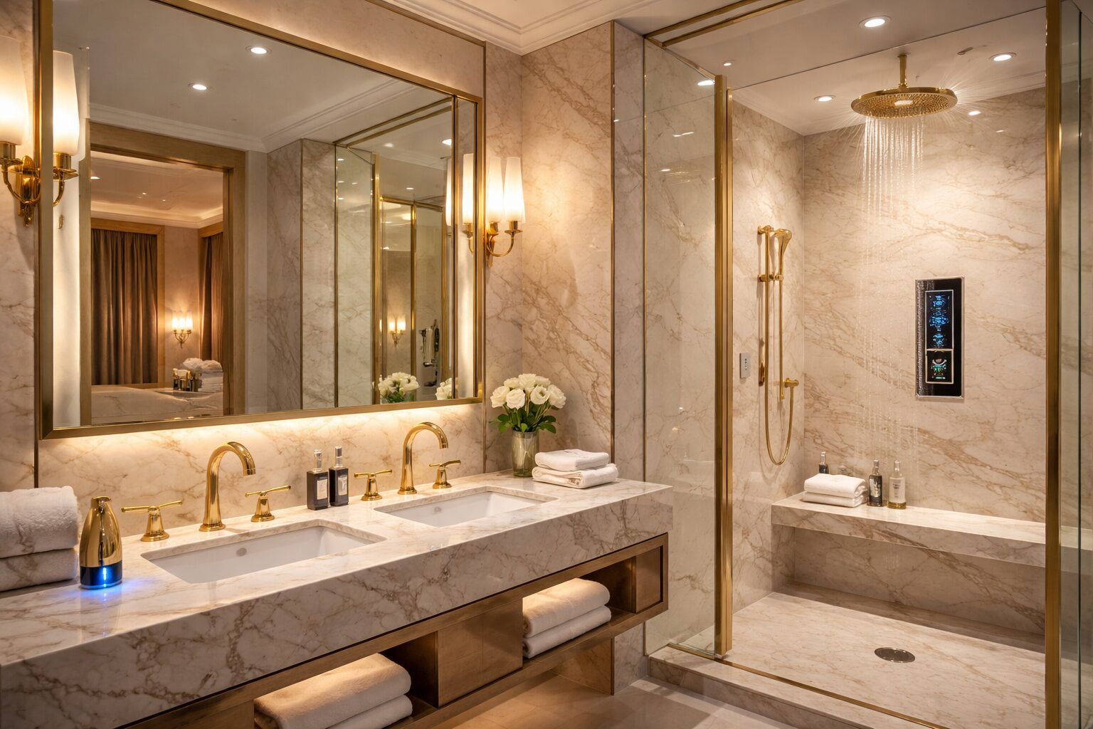 Bathroom lighting design highlighting gold fixtures and mirror details