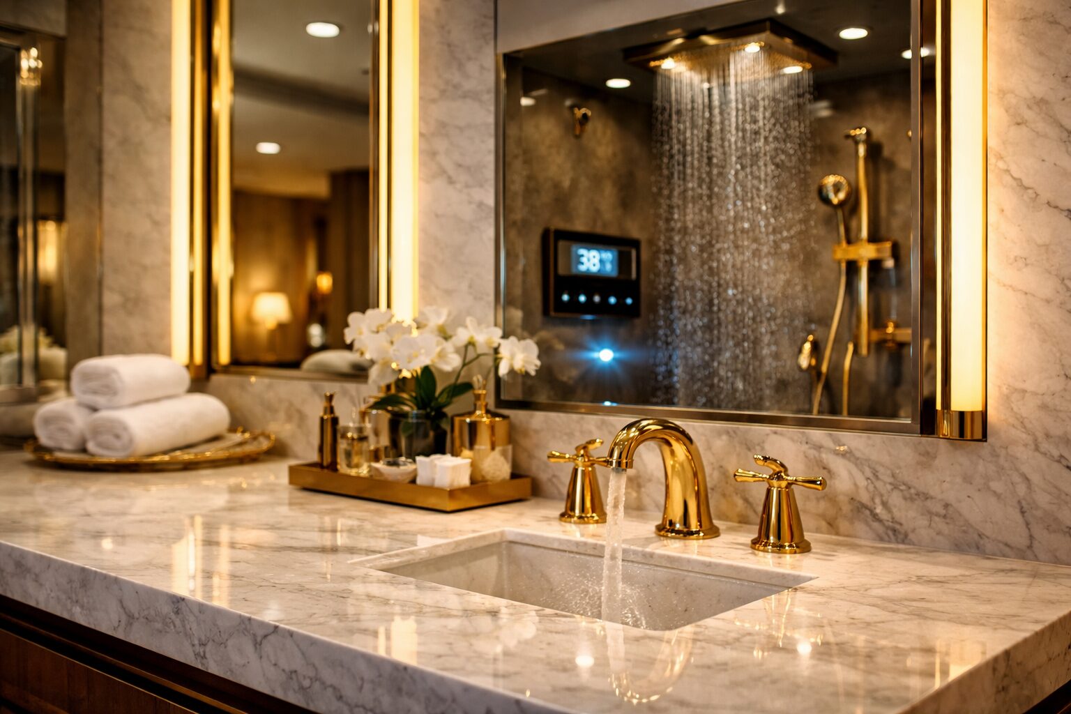 Minimalist luxury bathroom accessories arranged near a gold vanity faucet