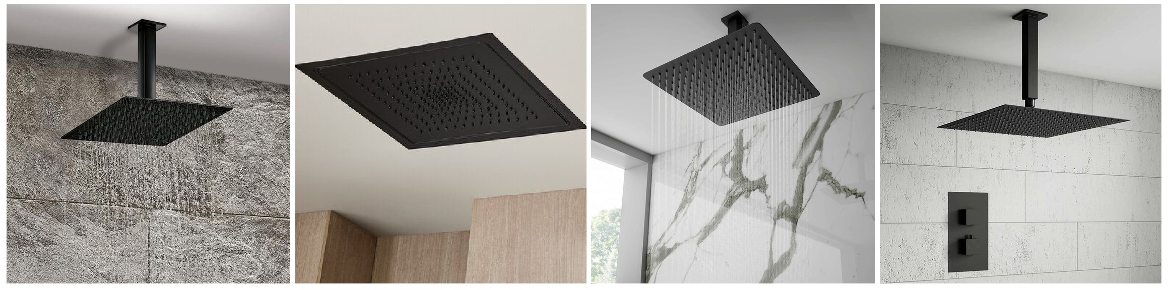 Coordinated bathroom design with black fixtures, stone textures, and modern shower area