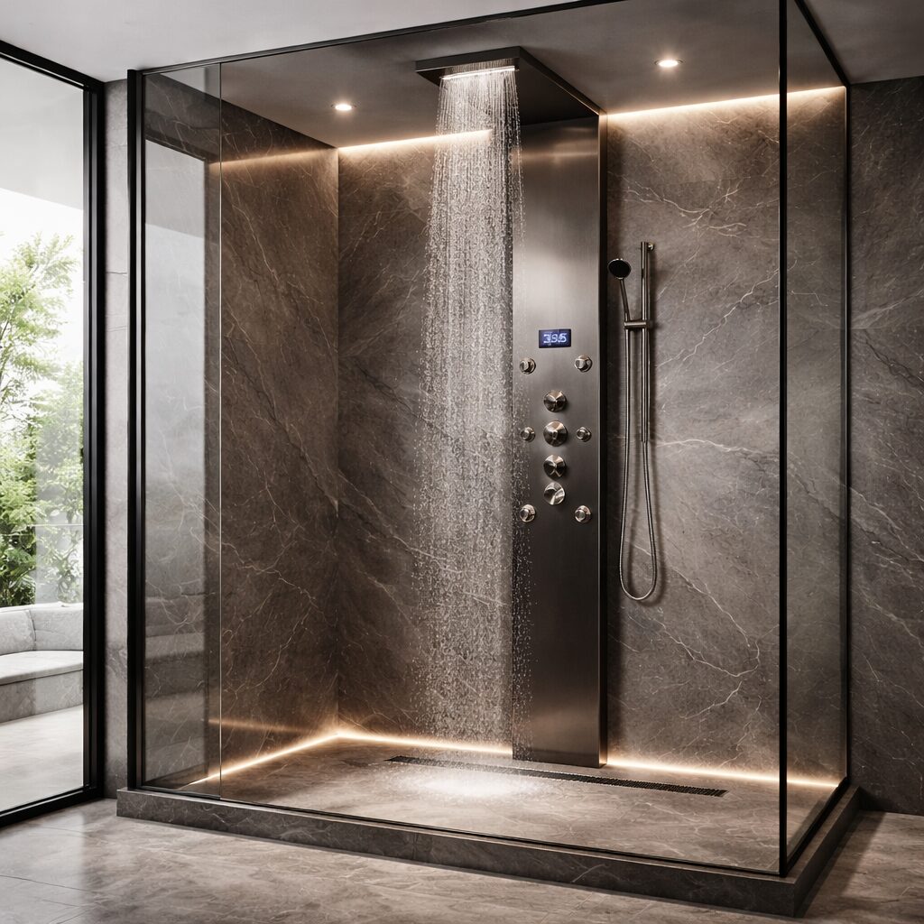 Luxury modern bathroom with sleek wall-mounted shower panel and clean spa-inspired design
