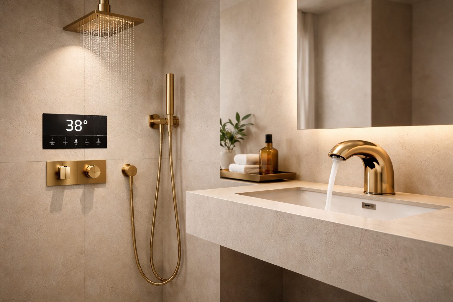 Contemporary bathroom interior with gold accents, white vanity, and framed mirror