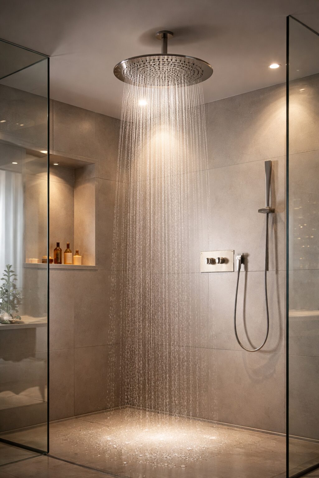 Modern rainfall shower head installed in a contemporary bathroom