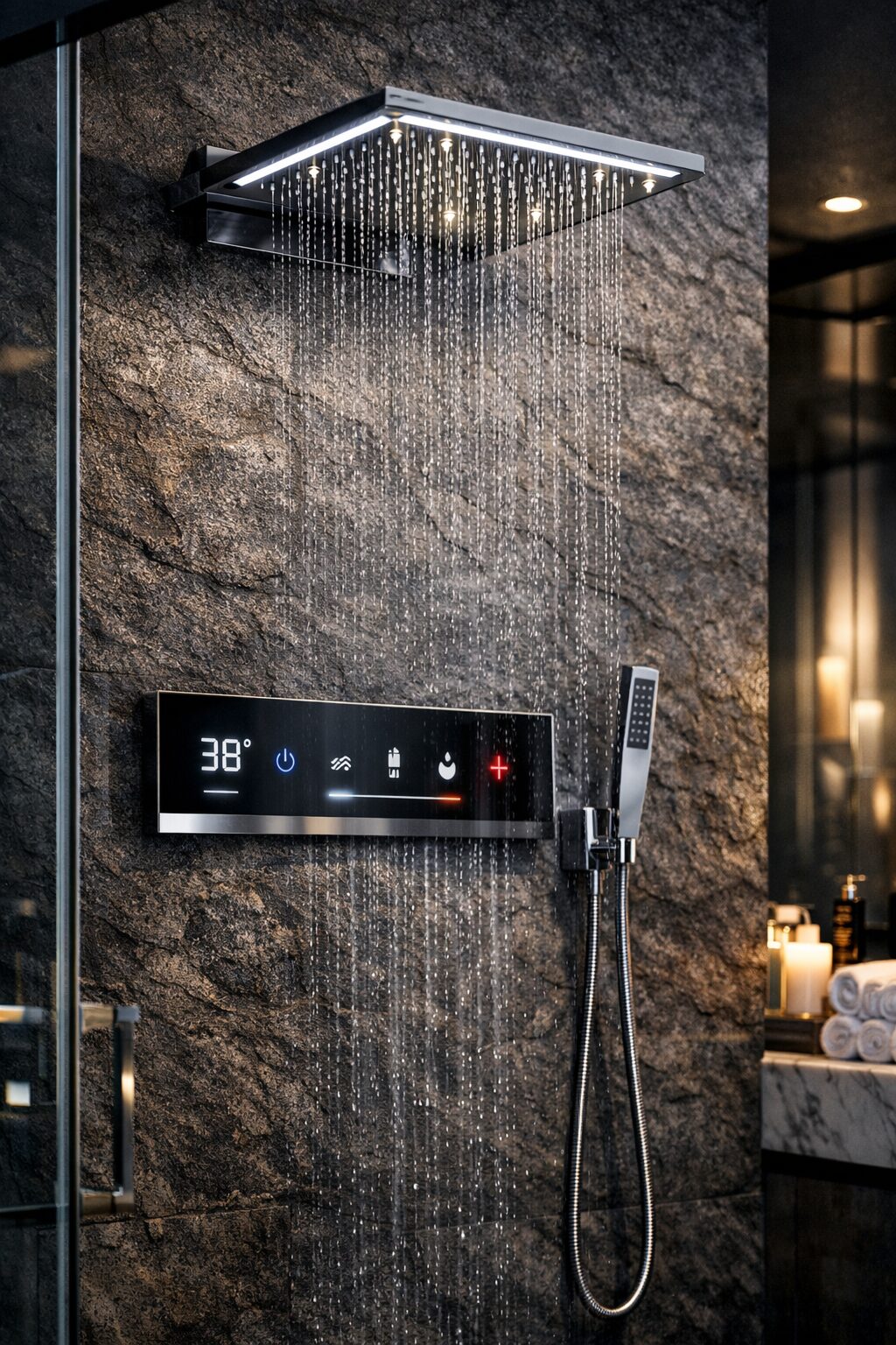 Luxury bathroom interior featuring a sleek chrome shower fixture