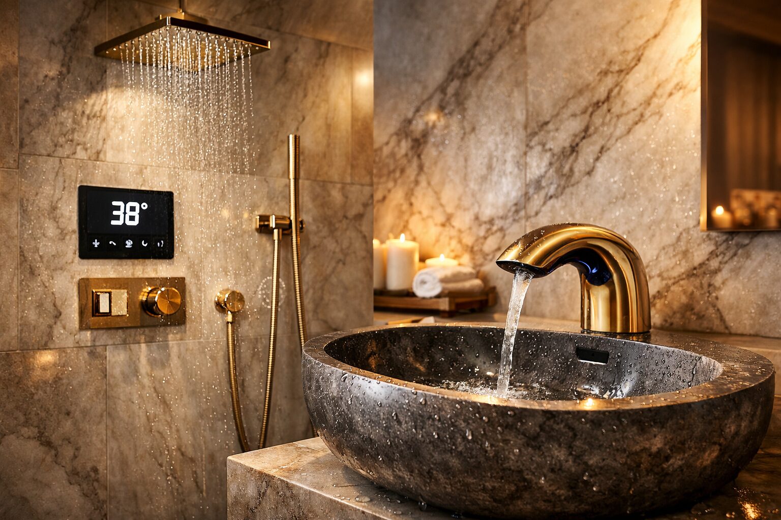 Elegant spa-inspired bathroom with marble vanity and gold sink faucet