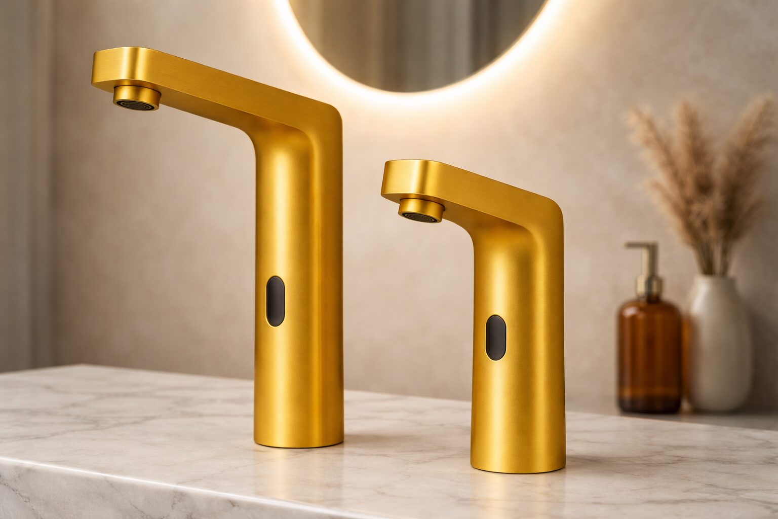 Modern commercial touchless faucet installed on a bathroom sink