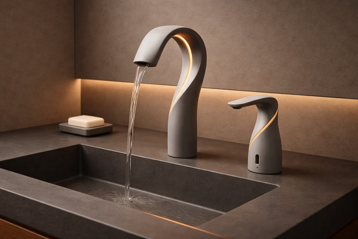 Architect reviewing touchless faucet cut sheets and power requirements for office restroom specification