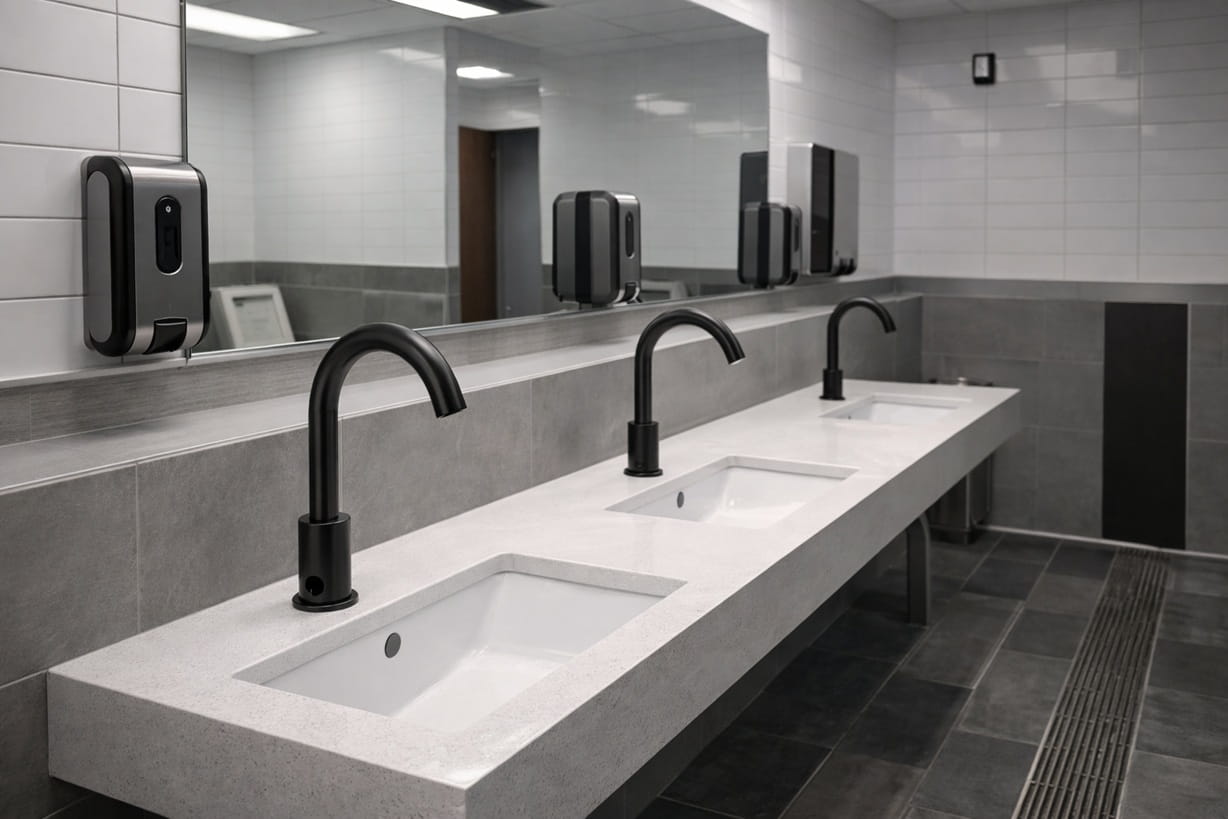 Fontana touchless faucet concept installation for a stadium restroom with coordinated sink stations