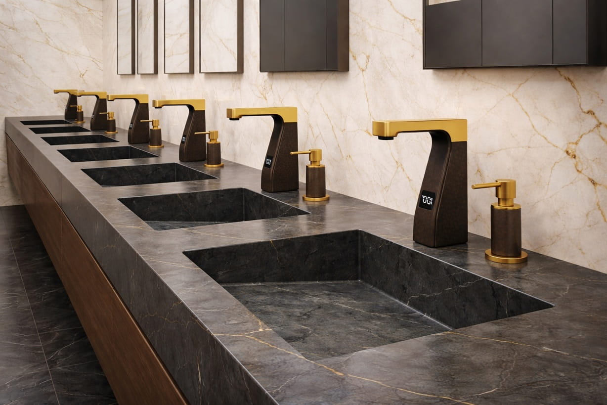 Maintenance team servicing commercial touchless restroom fixtures in a large facility