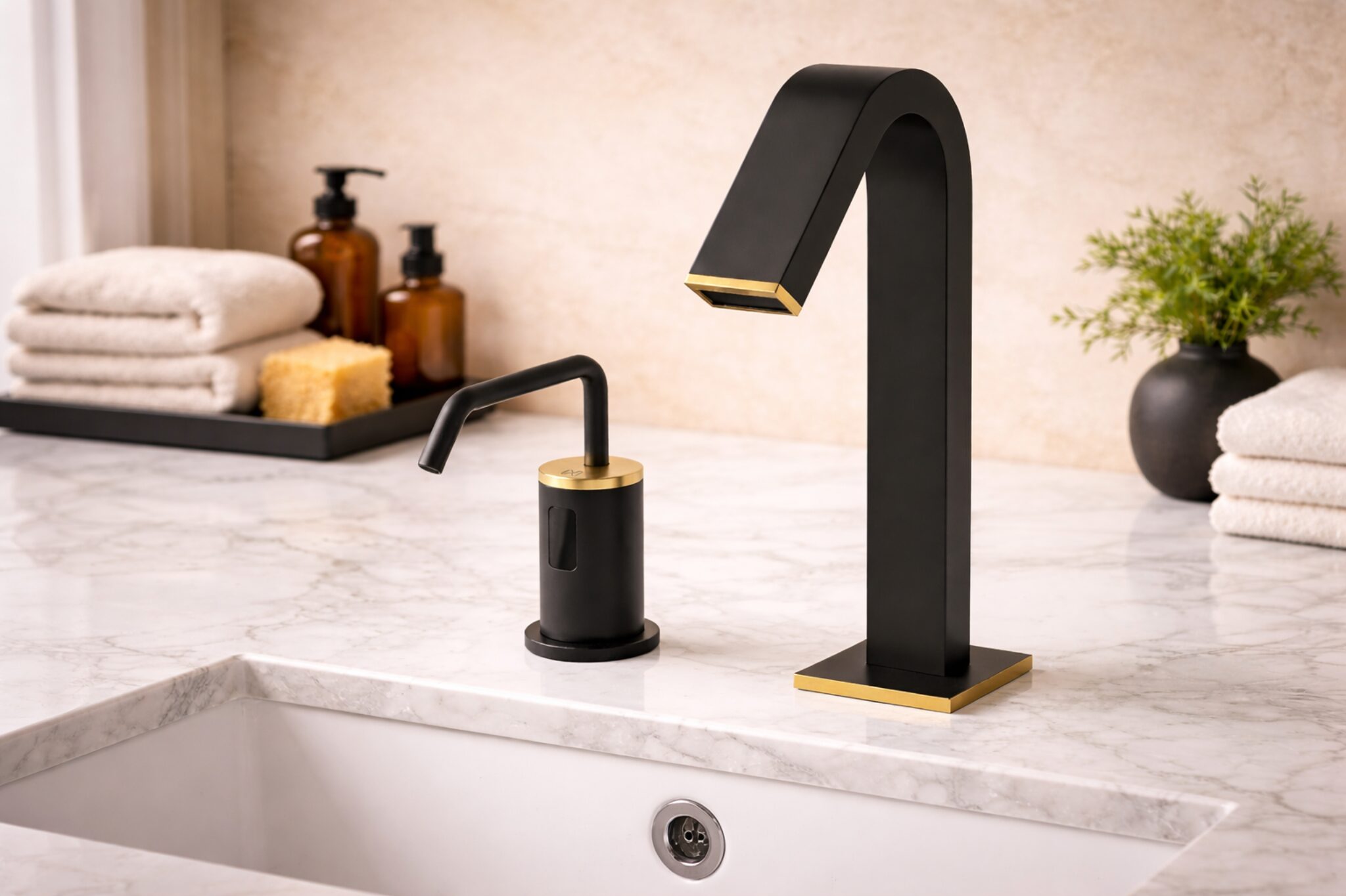 Facility staff inspecting a wall-mounted soap dispenser in a commercial bathroom