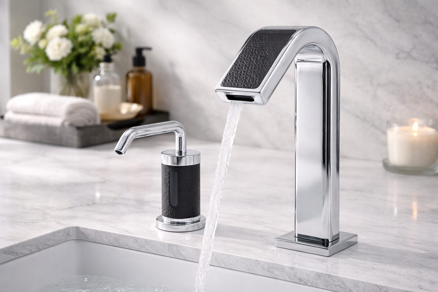 Upscale bathroom renovation with premium sink faucet and clean luxury styling