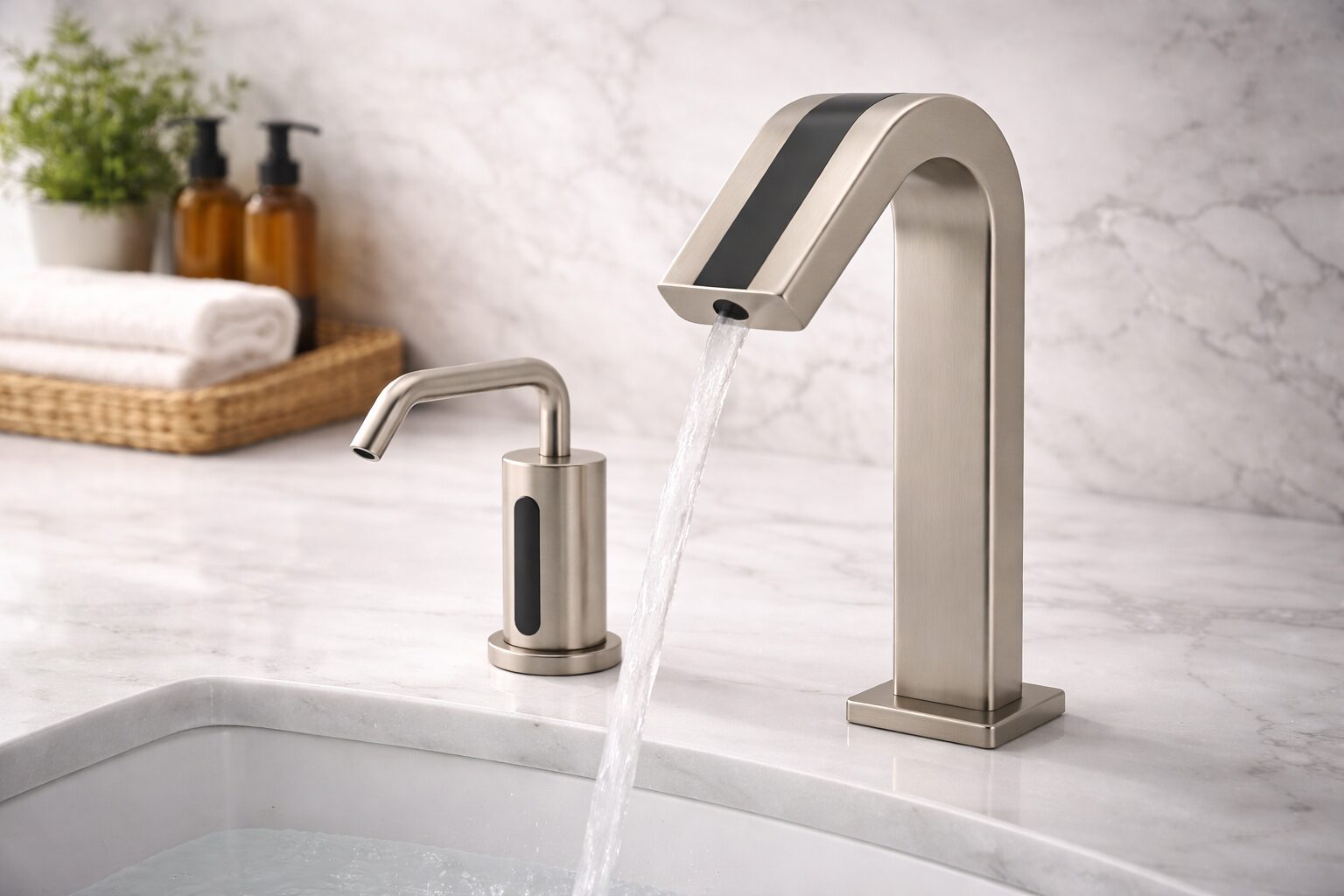 Luxury bathroom with stylish brushed nickel faucet and elegant countertop details